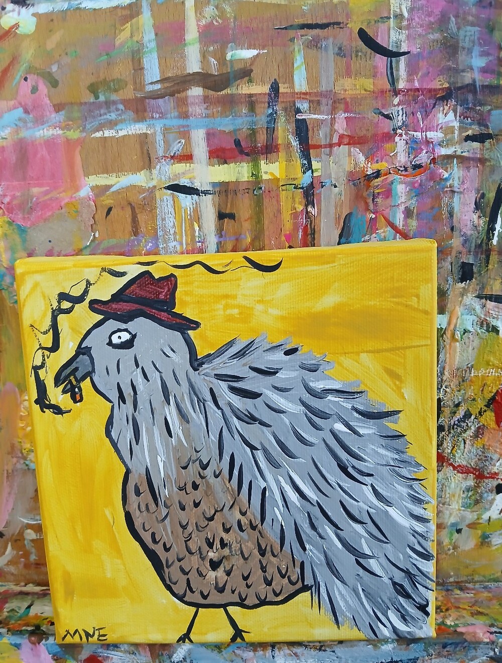 Bird Smoking Yellow Painting Folk Art